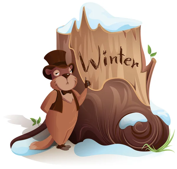 土拨鼠日 马莫特宣布冬季提前到来 隔离在白色向量动画片例证 — 图库矢量图片