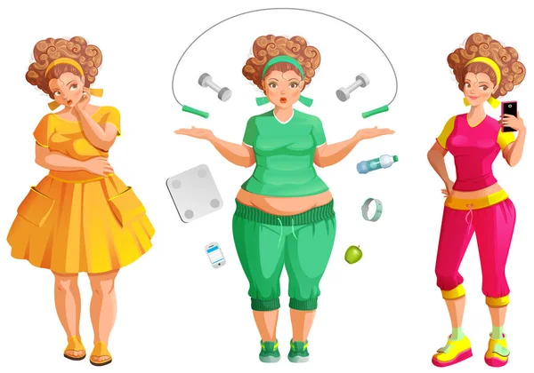 Mujer Gorda Teje Pérdida Forma Física Dieta Camino Hacia Salud — Vector de stock