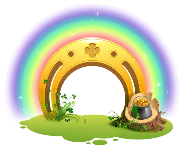 Golden horseshoe, a rainbow és a fazék arany jelképe, a St. Patrick napja — Stock Vector