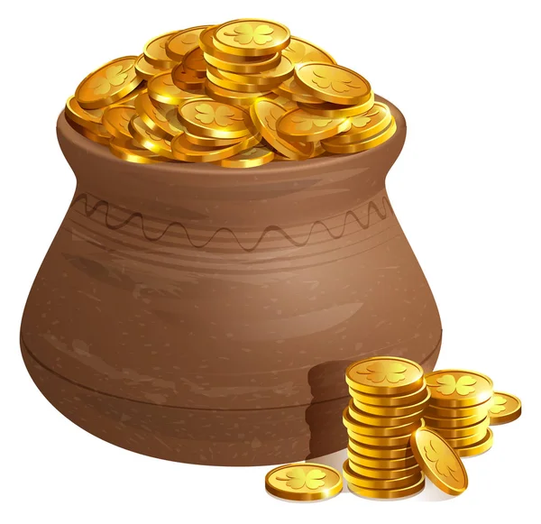 ゴールド コインと完全なセラミック鍋 金と古い宝物 白いベクトル漫画イラストを分離 — ストックベクタ