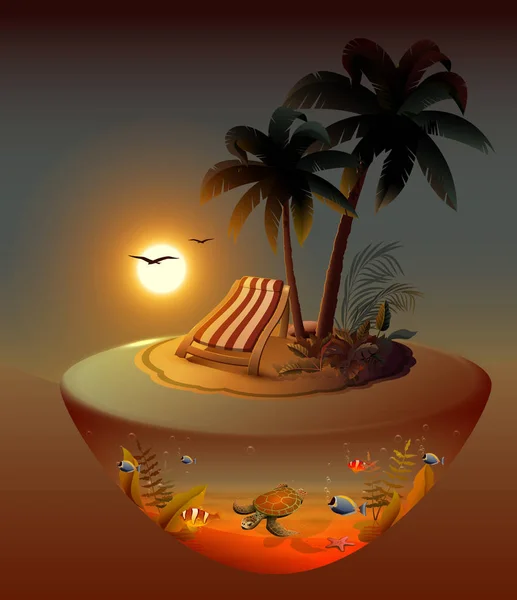 Vacaciones Verano Noche Isla Tropical Bajo Palmeras Dibujos Animados Vectoriales — Archivo Imágenes Vectoriales