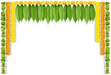 Mutlu Ugadi Hint çiçek çelenk mango ile bırakır. Beyaz vektör illüstrasyon izole