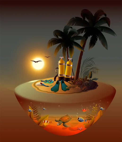Buceo Nocturno Isla Tropical Equipo Buceo Vida Marina Dibujos Animados — Archivo Imágenes Vectoriales