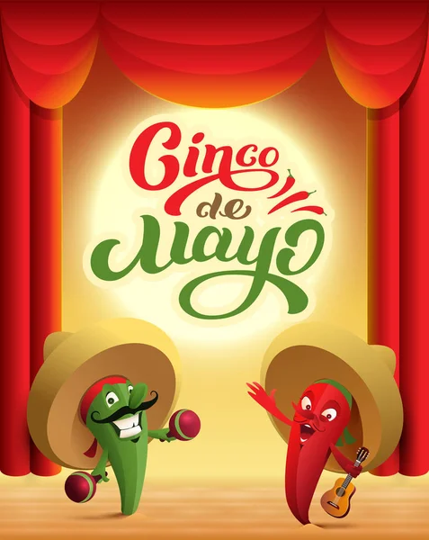 Meksika kaktüs ve kırmızı biber biber Sahne Alanı'nda gerçekleştirin. Cinco de mayo metin tatil tebrik kartı — Stok Vektör