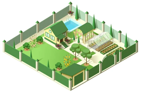 Giardino privato casa con appezzamento di terreno dietro recinzione alta. Illustrazione isometrica 3d Vettoriali Stock Royalty Free