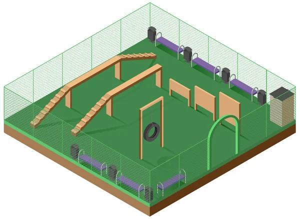 Piattaforma per camminare e cane di formazione icona isometrica 3d. Parco giochi per cani — Vettoriale Stock