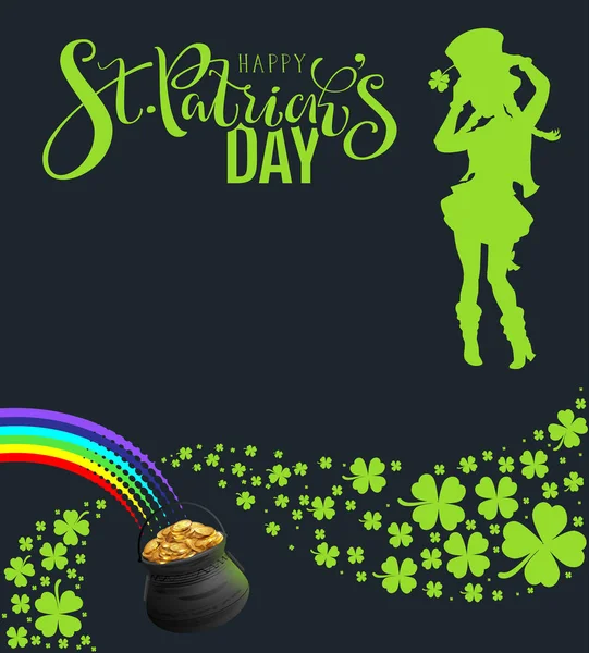 Modèle de bannière St Patricks Day Party. Silhouette verte de femme dansante sur fond noir — Image vectorielle