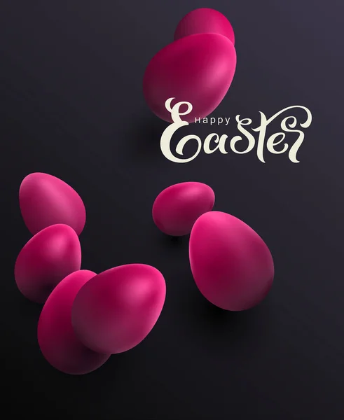 Veselé Velikonoce malovaná červená vajíčka na černém pozadí a text — Stockový vektor