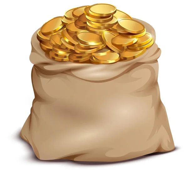 Monedas de oro en bolsa abierta completa aislada en blanco — Vector de stock