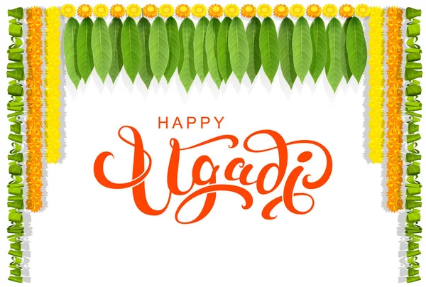 Joyeux ugadi feuille florale guirlande texte carte de voeux — Image vectorielle