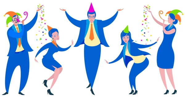 Homens e mulheres de negócios divertidos festa de escritório. Desenhos animados planas pessoas dançando tolos dia — Vetor de Stock