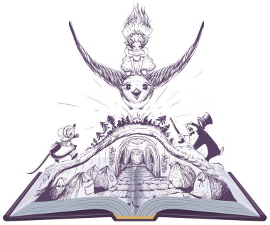 Kız Thumbelina swallow üzerinde uçar. Açık kitap masal illüstrasyon