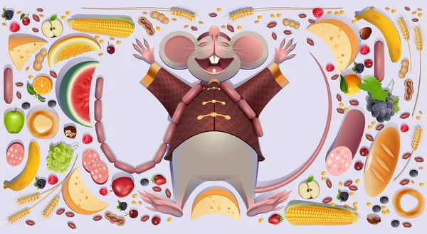 La rata gorda del ratón está descansando extendiendo las patas. 2020 en el símbolo del calendario chino rica abundancia de riqueza — Archivo Imágenes Vectoriales