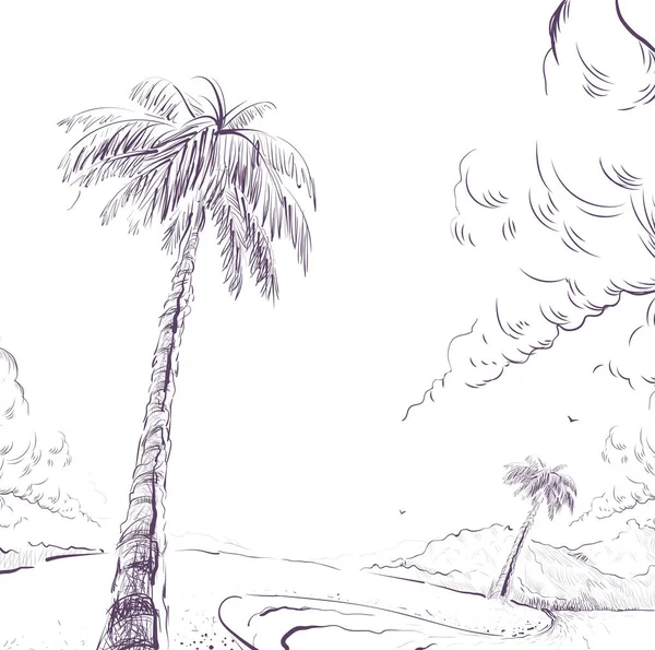 Palmera en playa de arena orilla y nube — Vector de stock