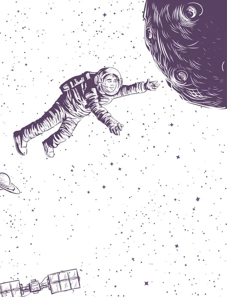 L'uomo in tuta spaziale vola sul pianeta. Doodle schizzo illustrazione cosmonautica giorno Illustrazione Stock