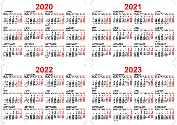 2020, 2021, 2022, 2023 anni impostare griglia calendario tascabile. Pianificatore organizzatore modello Vettoriale Stock