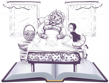 Küçük Red Riding Hood hikayesi masalı. Karikatür kız kulaklar kurt çeker. Açık kitap