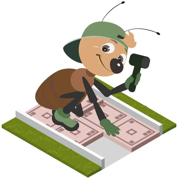 Hormiga trabajador que pone baldosas de pavimento. Caricatura vectorial — Archivo Imágenes Vectoriales