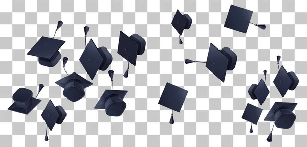 Sombreros de graduación de la escuela secundaria mortarina volar sobre fondo transparente — Archivo Imágenes Vectoriales