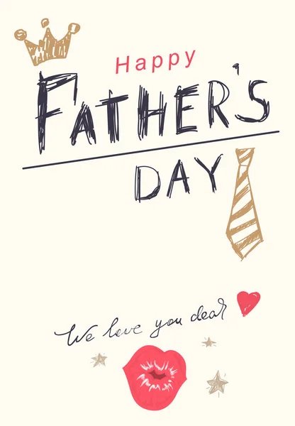 Happy Fathers Day text greeting card. Crown, tie, heart and kiss — Stock Vector