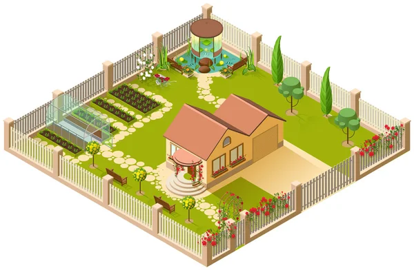 Casa de campo e grande jardim com pérgula, estufa e flores. 3d ilustração isométrica —  Vetores de Stock