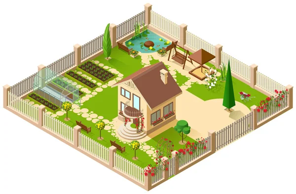 プライベートカントリーハウスと庭園。3D アイソメイラストレーション — ストックベクタ