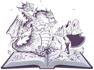 Ejderha ve komik kahraman açık kitap illüstrasyon. Rus üç başlı yılan gorynych ve şövalye
