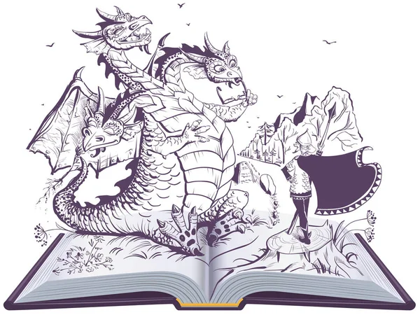 Δράκος και αστείος ήρωας ανοιχτό βιβλίο εικόνα. Ρωσικά τρία κεφάλια φίδι γκόρνιτς και ιππότης — Διανυσματικό Αρχείο