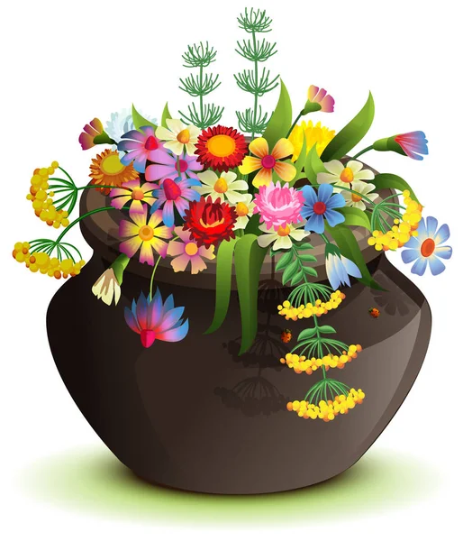 Black halloween pot with wildflowers. Cartoon illustration isolated on white — Stock Vector