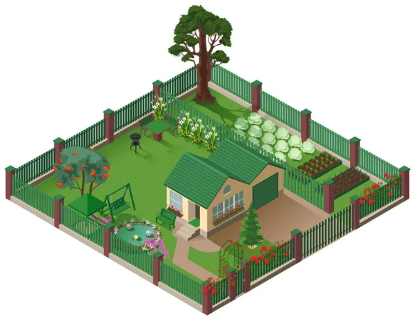 Private country house cottage and garden. American suburbia home isometric illustration — Stock Vector