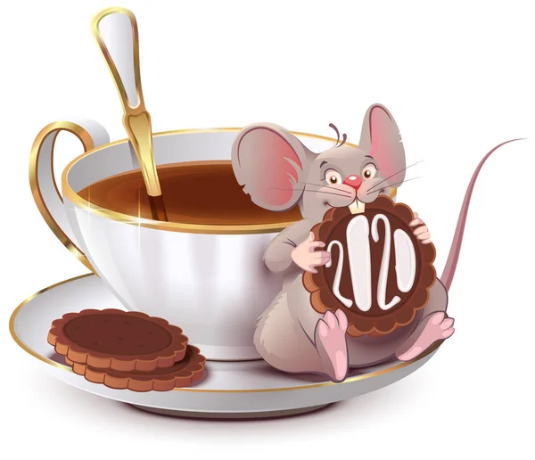 2020 roku potkana podle čínského kalendáře. Roztomilá myš sedí po šálku kávy a sní cookie 2020 — Stockový vektor