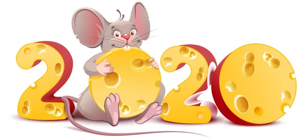2020年的鼠标。可爱的卡通老鼠拿着奶酪 — 图库矢量图片