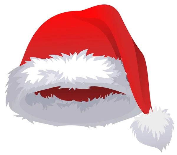 Un cappello di Babbo Natale di pelliccia del fumetto rosso isolato su bianco. Simbolo di Natale — Vettoriale Stock