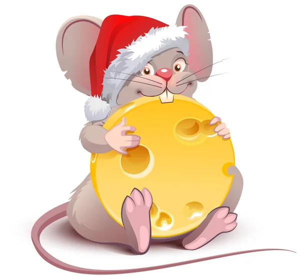 2020 anno di ratto al calendario cinese. Il ratto di Santa tiene il formaggio rotondo grande — Vettoriale Stock