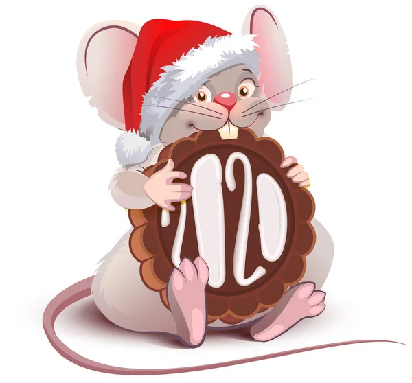 Divertido símbolo de ratón de dibujos animados de santa del año 2020 con galletas de chocolate — Vector de stock