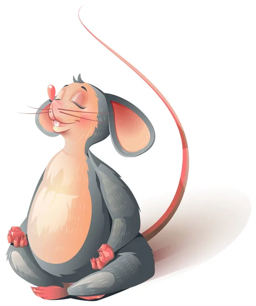 Gray rat yoga mouse sits meditating. Vector cartoon — Stock Vector