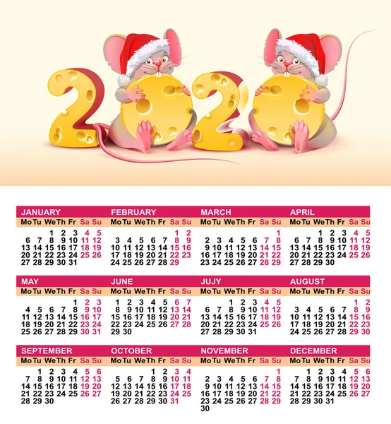 2020 year of mouse to Chinese calendar. Wall calendar grid template. Santa mouse holding swiss cheese — Stock Vector