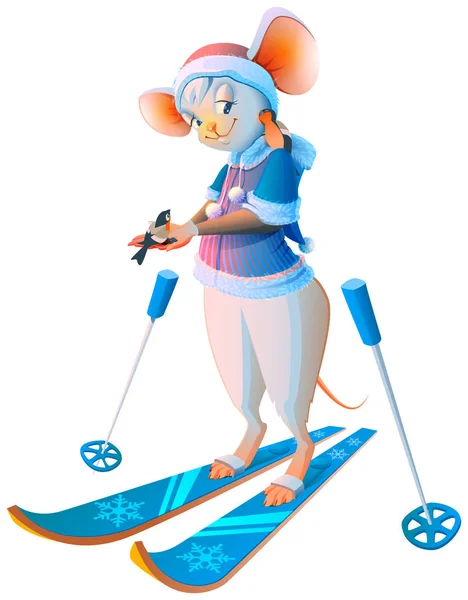Bonito desenho animado rato mulher esqui personagem símbolo 2020 —  Vetores de Stock