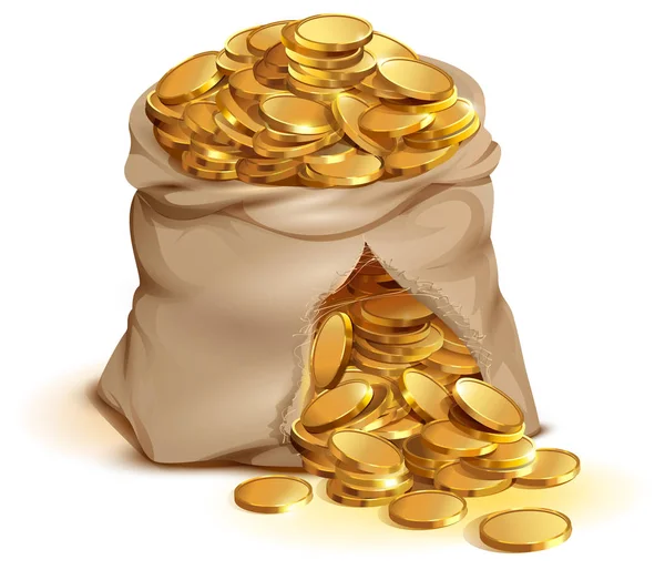 Bolsa llena de monedas de oro estalló. Dinero en efectivo oro — Vector de stock