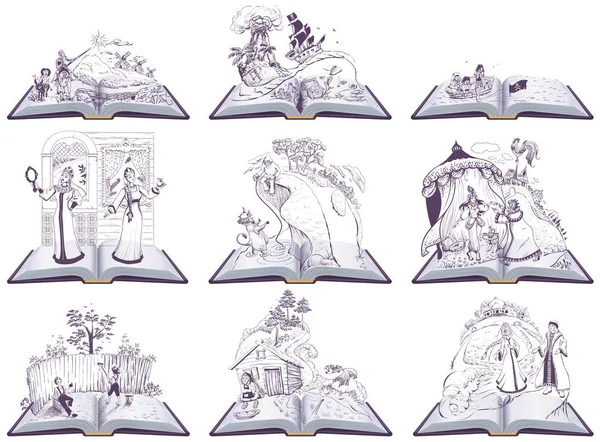 Açık kitap peri masalı illüstrasyonunu kur. Okulda okunacak bir sürü kitap.