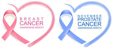 National breast cancer awareness month. Poster pink ribbon, text and heart shape. November prostate cancer awareness blue ribbon and heart symbol