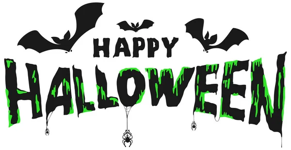 Happy Halloween gruseliger Text und Fledermaussilhouetten, Spinne und Spinnennetz — Stockvektor