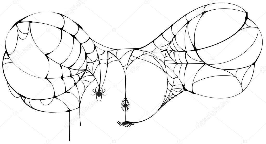 Spider fly on torn web. Spiderweb symbol of halloween