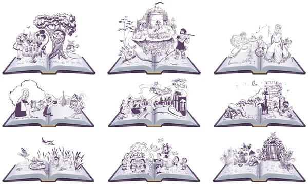 本のおとぎ話のイラストのセット。シンデレラ,インチ,雪の女王,ブレーメンの町のミュージシャン — ストックベクタ