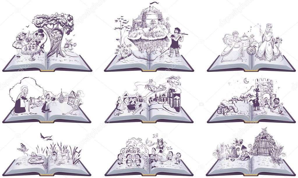Set of open books fairy tales illustration. Cinderella, Inch, Snow Queen, Bremen Town Musicians
