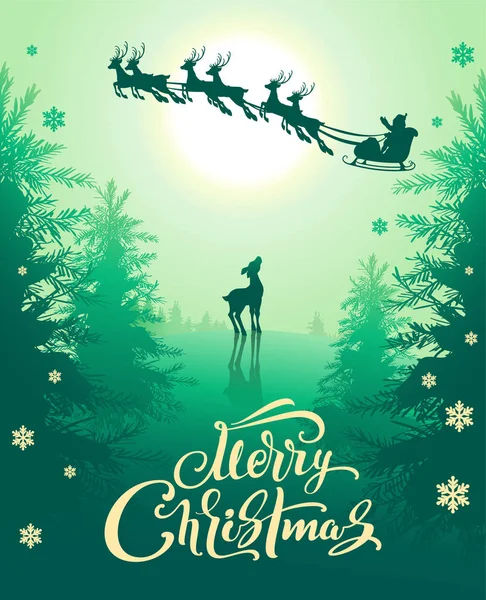 God jul gratulationskort mall text. Rådjur i granskog tittar på rensele med Santa på natthimlen — Stock vektor