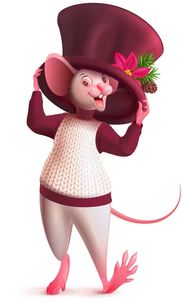 Rato de camisola experimentando chapéu com decoração de Natal. Símbolo de rato de ano 2020 no calendário chinês — Vetor de Stock