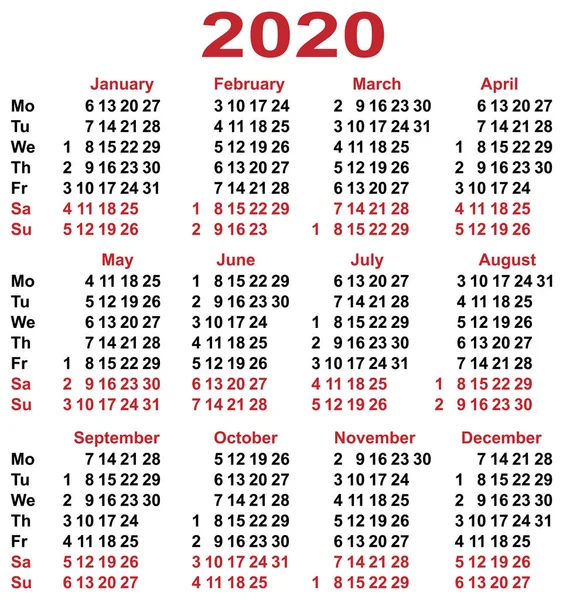 2020年日历网格。 简单日历模板每周的垂直方向天数 — 图库矢量图片