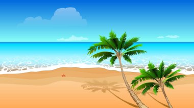 Açık mavi deniz, kumsalda iki hindistan cevizi palmiyesi. Kusursuz yatay tropikal manzara. Vektör çizgi film illüstrasyonu