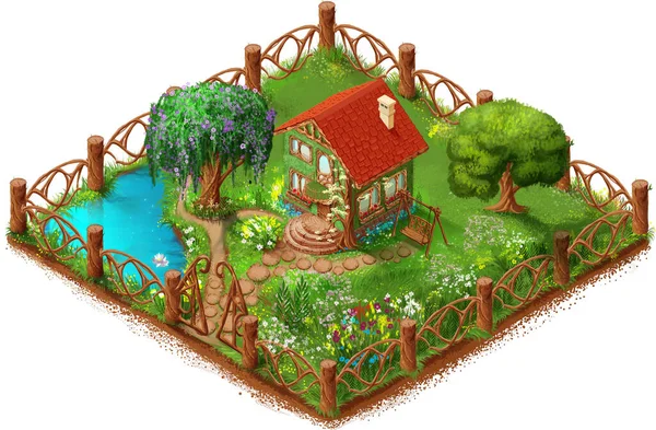 Απομονωμένο εξοχικό σπίτι και ανθισμένος κήπος. Όμορφη φύση τοπίο εξοχικό σπίτι, δέντρα, λουλούδια και λίμνη — Φωτογραφία Αρχείου